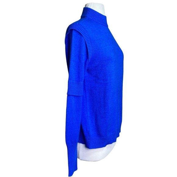 H Halston Solid Blue Sweater Size Medium Layered Sleeves - Picture 4 of 8